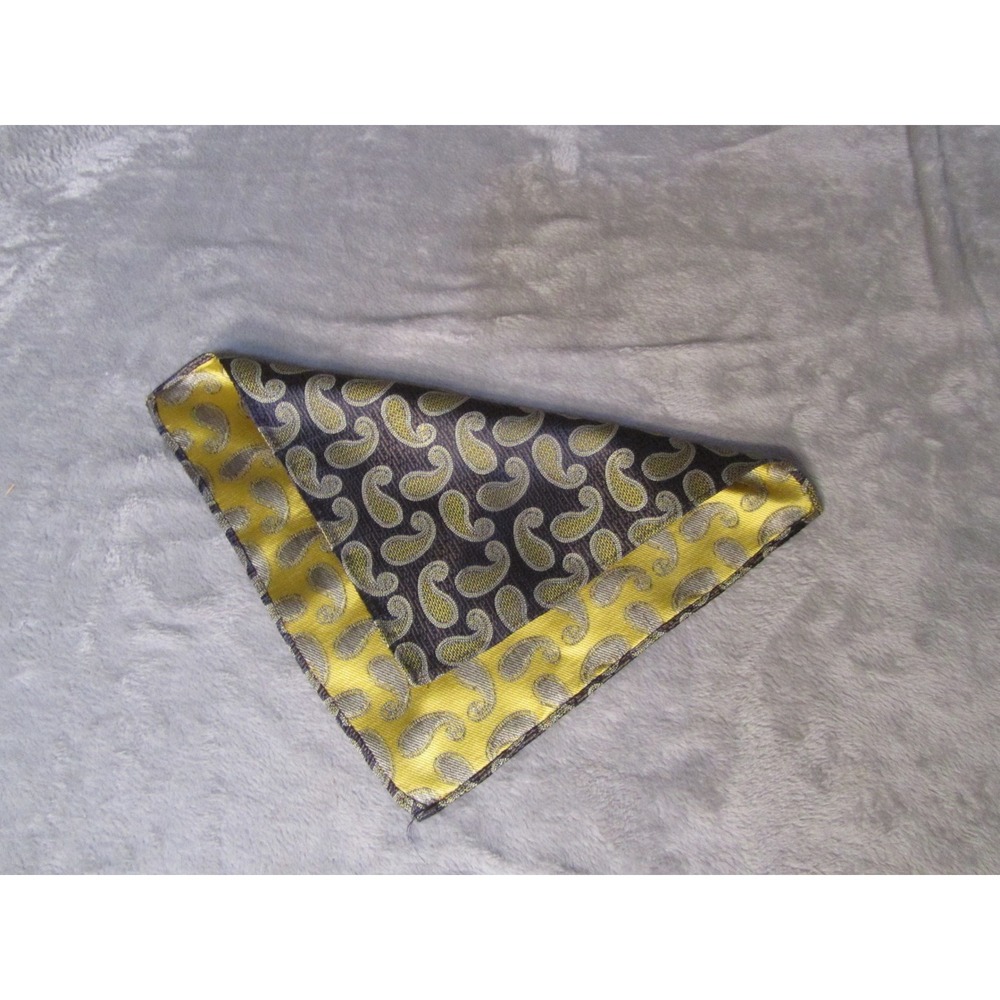 Handmade Mens Pocket Square Yellow Charcoal Paisley Woven Reversible Accessory